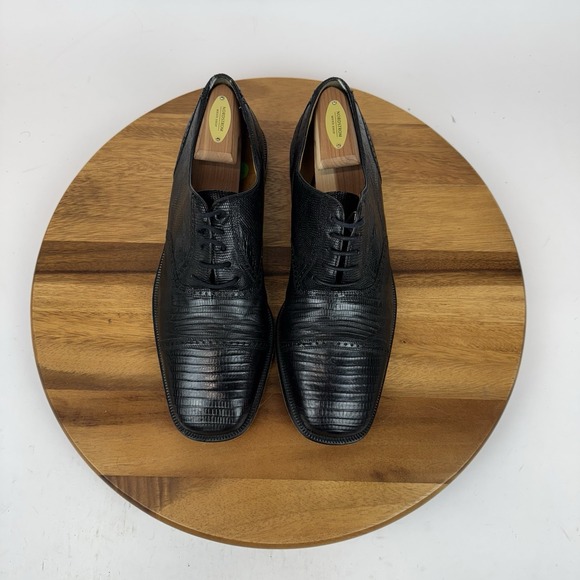 Mens Magannni Vintage Black Lizard Leather Cap Toe Dress Shoes Oxfords Size 10.5